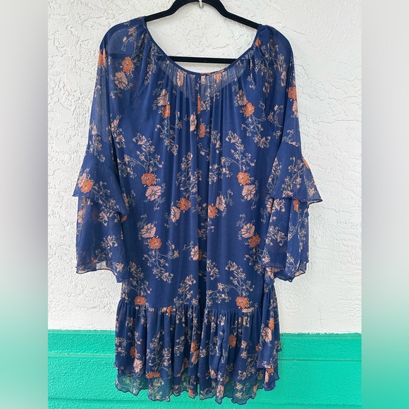 Free People Sunsetter Floral Blue Mini Dress Flowy Large - Picture 5 of 11
